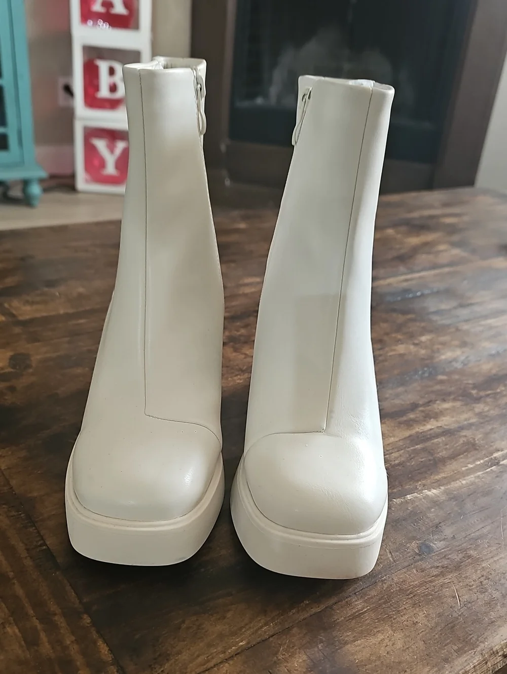 Cream Platform Ankle Boots with Back Zip
